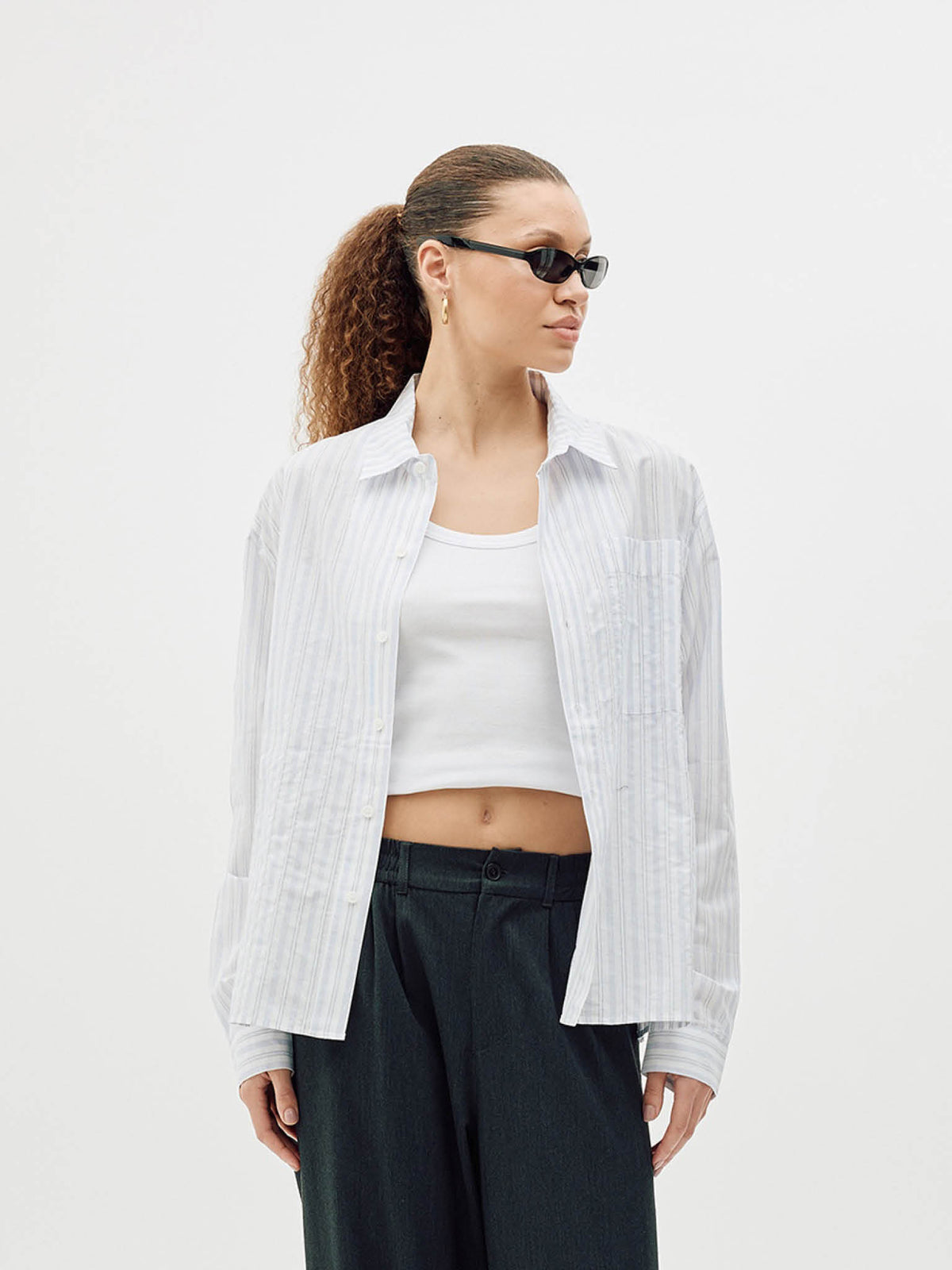 Striped Button-Up Shirt, Women - Blue Stripe