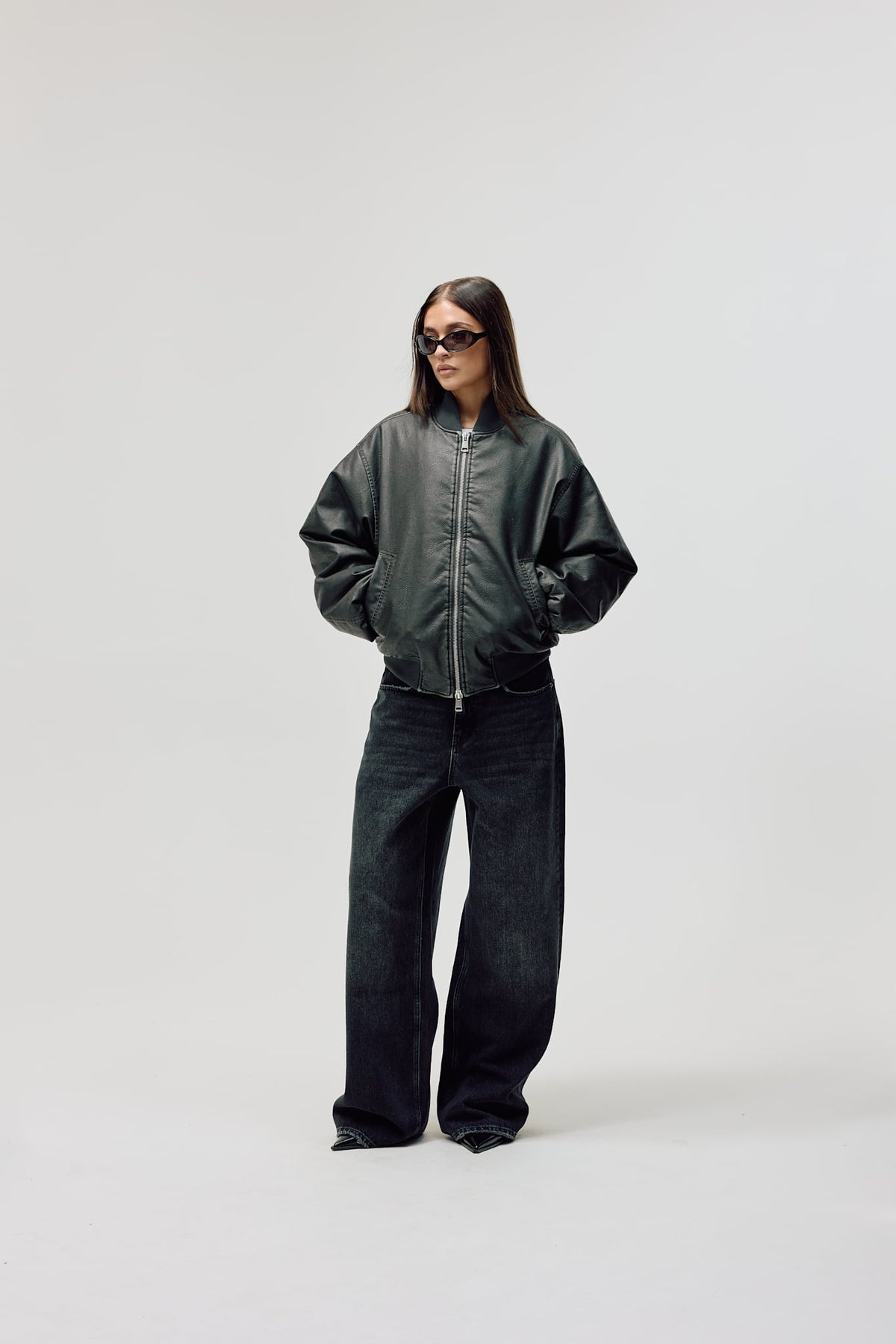 Faux Leather Bomber Jacket, Women - Vintage Black