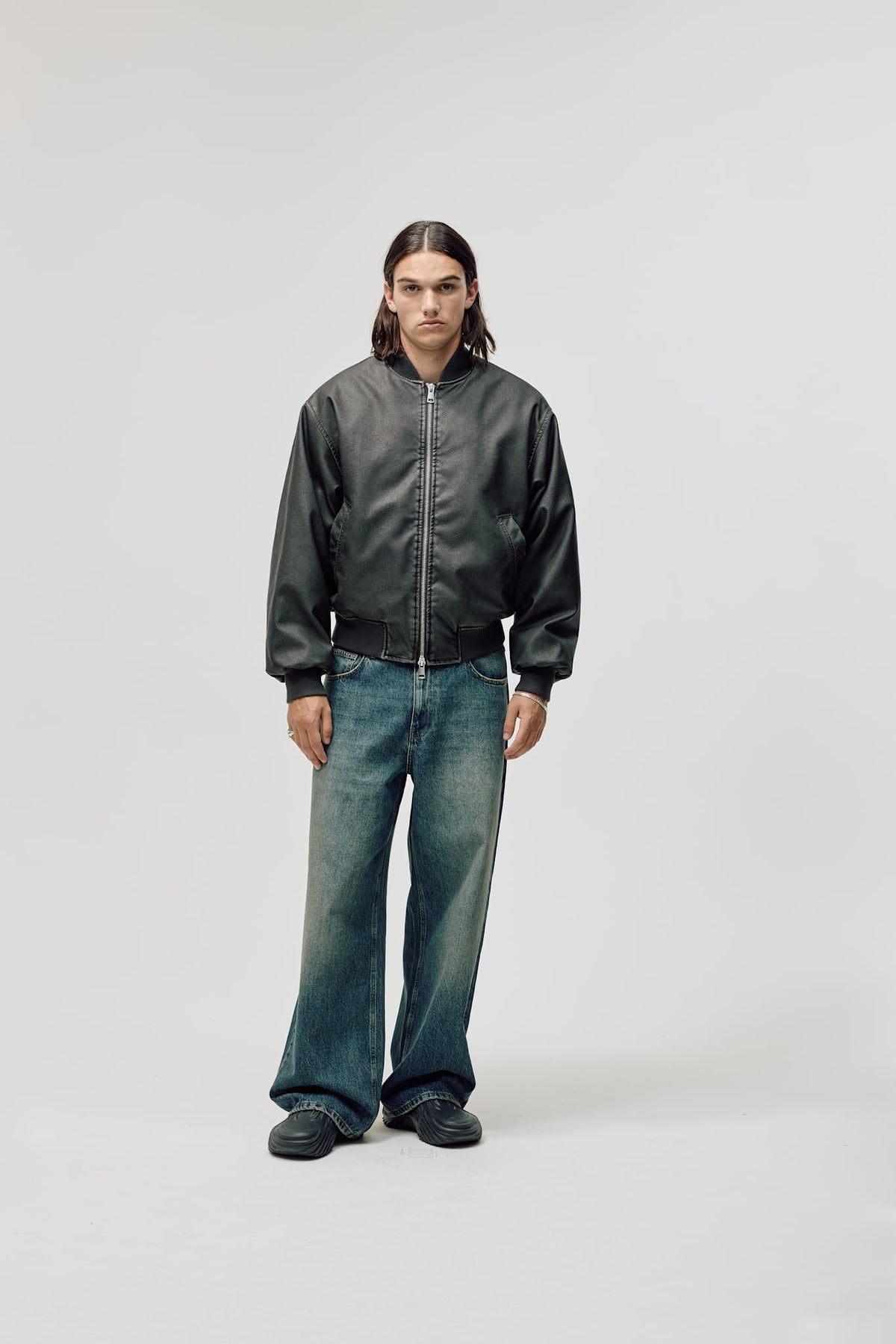 Faux Leather Bomber Jacket, Men - Vintage Black